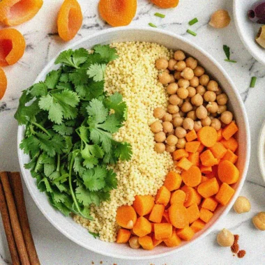 Flat lay of fresh moroccan couscous ingredients including couscous grains, vegetables, spices, and herbs for authentic moroccan couscous recipes
