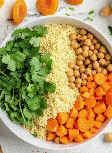 Flat lay of fresh moroccan couscous ingredients including couscous grains, vegetables, spices, and herbs for authentic moroccan couscous recipes