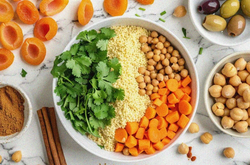 Flat lay of fresh moroccan couscous ingredients including couscous grains, vegetables, spices, and herbs for authentic moroccan couscous recipes