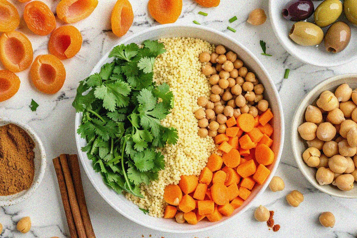 Flat lay of fresh moroccan couscous ingredients including couscous grains, vegetables, spices, and herbs for authentic moroccan couscous recipes