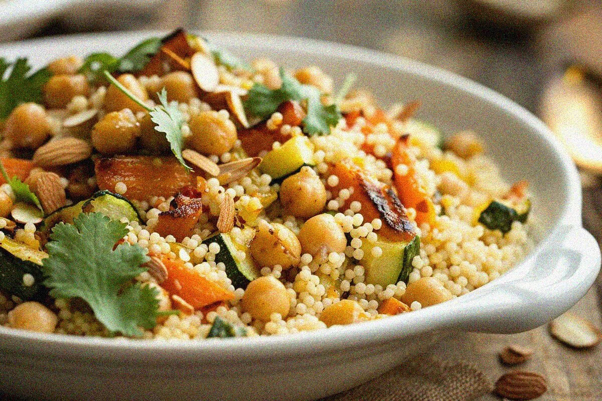 Close-up detail of finished moroccan couscous recipes showing fluffy grains with roasted vegetables and fresh herbs garnish