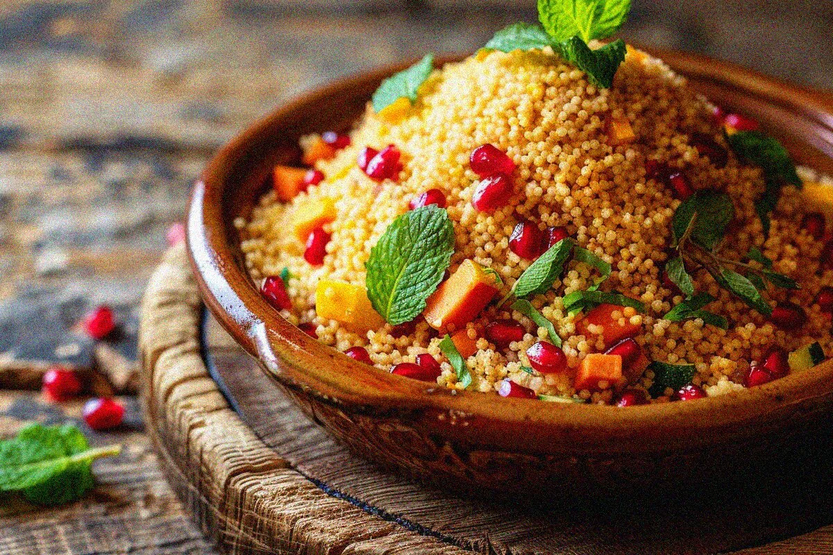 Moroccan couscous recipes served in traditional tagine dish with vegetables, pomegranate seeds, and fresh mint on wooden surface