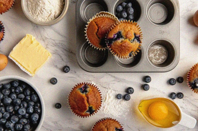 Golden-brown homemade muffins recipe with fresh blueberries in muffin tin surrounded by baking ingredients