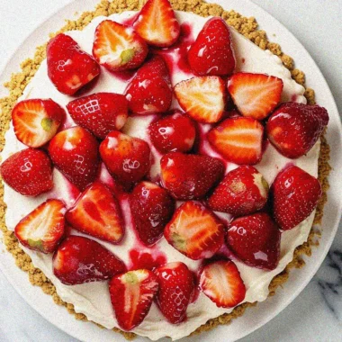 Overhead view of homemade strawberry cheese cake with fresh strawberry topping and creamy cheesecake filling on white plate