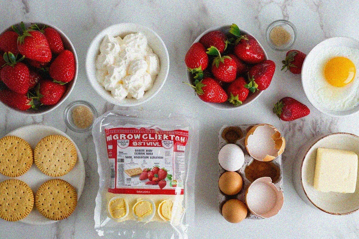 Overhead flat lay arrangement of all ingredients needed for making homemade strawberry cheese cake
